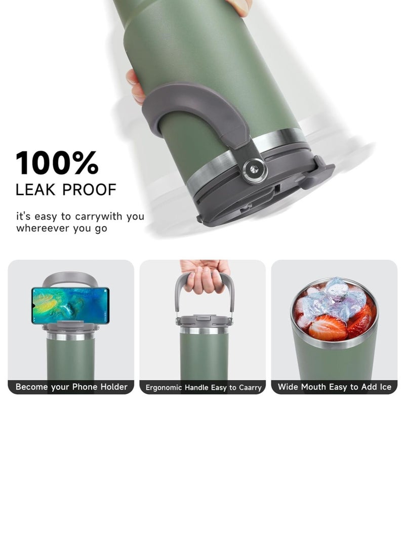 TYESO 1200ml Vacuum Insulated Tumbler 40oz Stainless Steel Travel Mug with Handle & Lid – Double Wall Thermal Water Bottle for Hot & Cold Drinks, Leakproof Large Capacity Cup – Green - Image 4